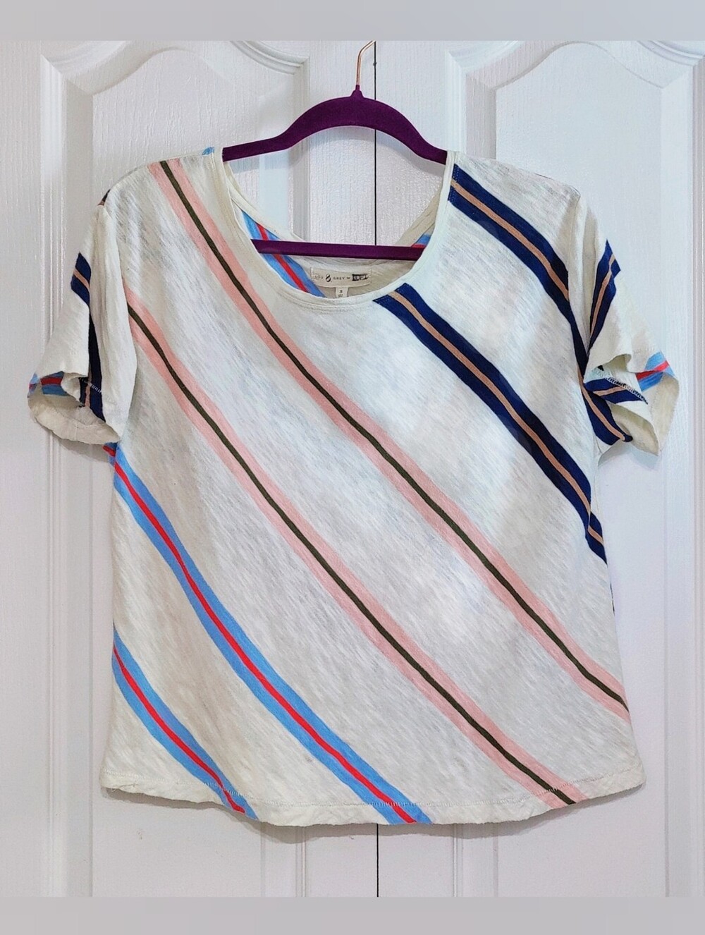 Lou & Grey Women's Small Top Boxy Cropped Cotton Tee White Pink Blue Striped
